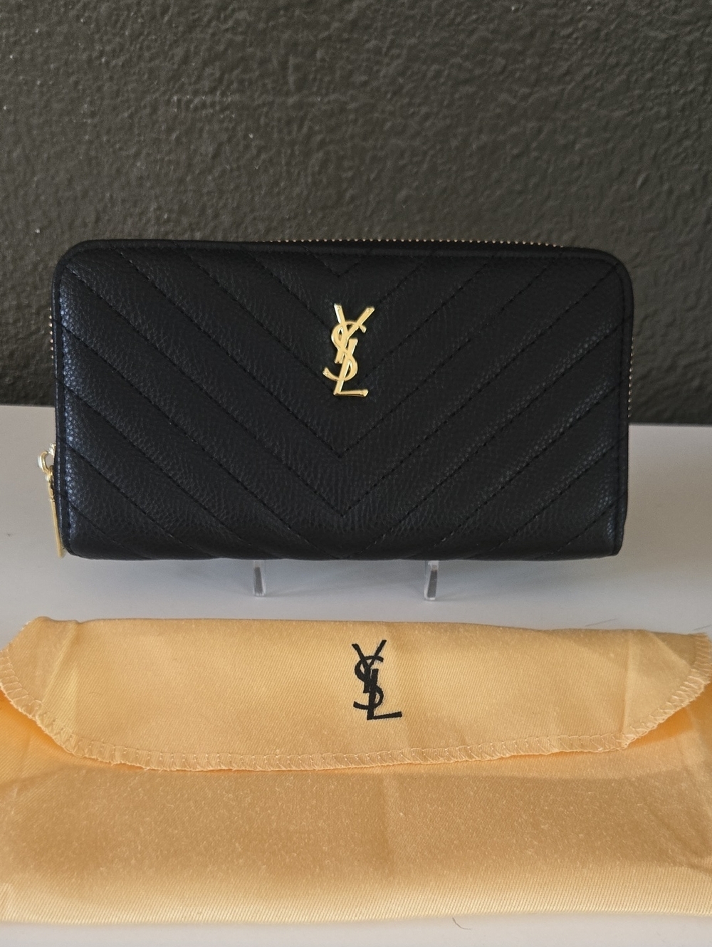 Black Quilted Leather Zip Wallet with Gold Logo